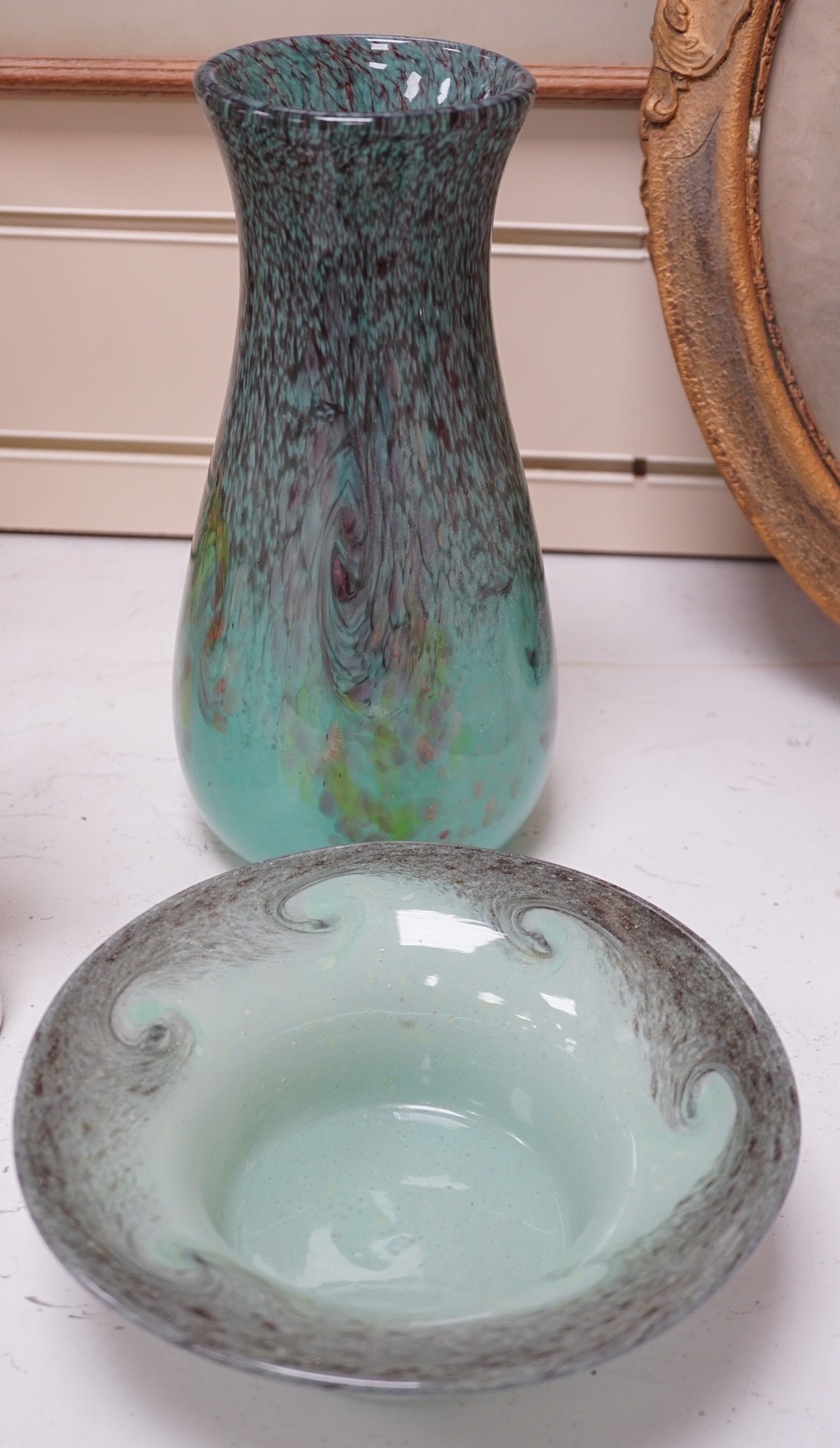A Strathearn glass vase and Vasart bowl., tallest 27cm